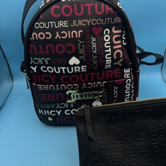 JUICY COUTURE Pull Out Pouch Medium Size Backpack Black Pink Faux Leather New - Picture 1 of 12